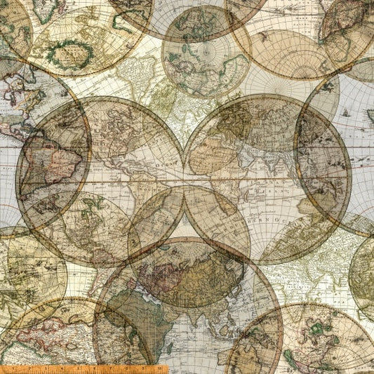 Seven Seas Globe Atlas Multi Whistler Studios Windham Fabrics Cotton Fabric