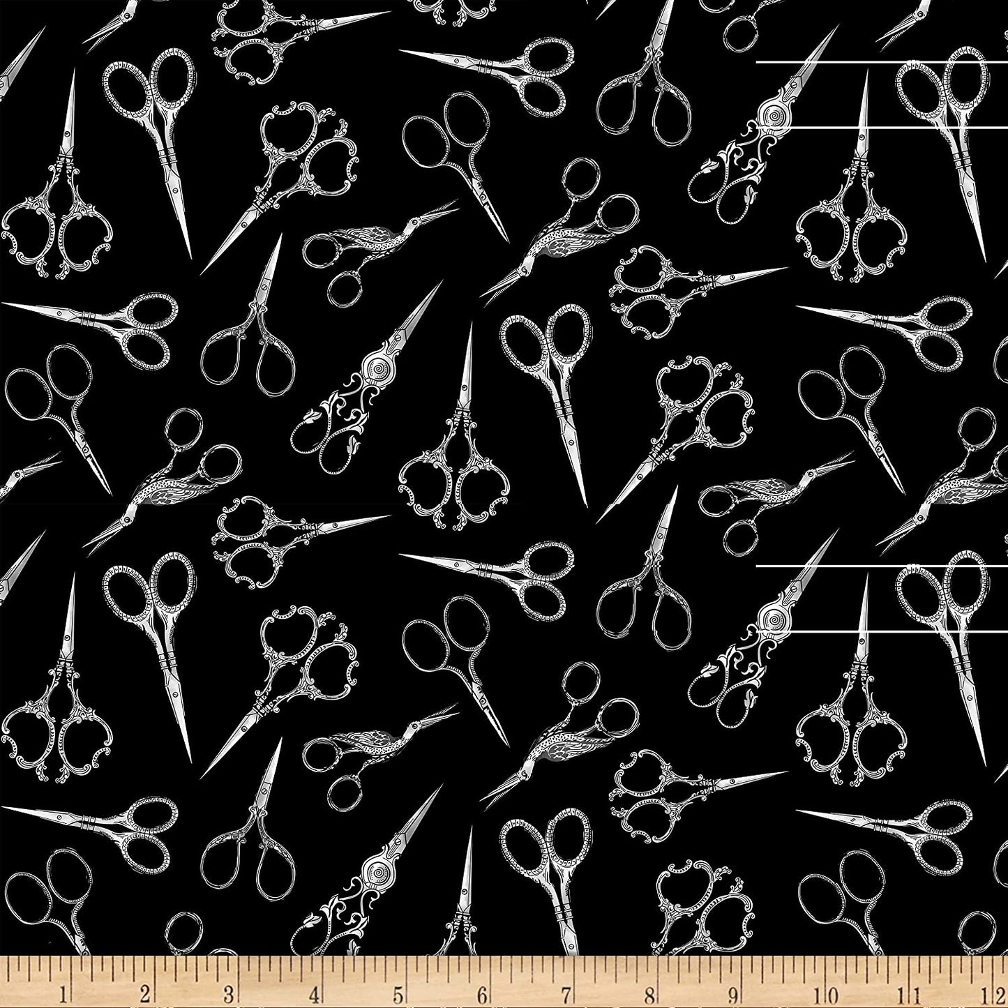 Sew Floral Tossed Fancy Scissors Black Gail Cadden Timeless Treasures Cotton Fabric