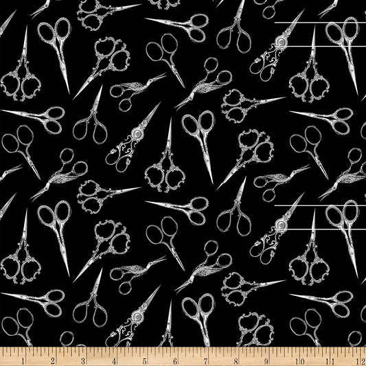 Sew Floral Tossed Fancy Scissors Black Gail Cadden Timeless Treasures Cotton Fabric