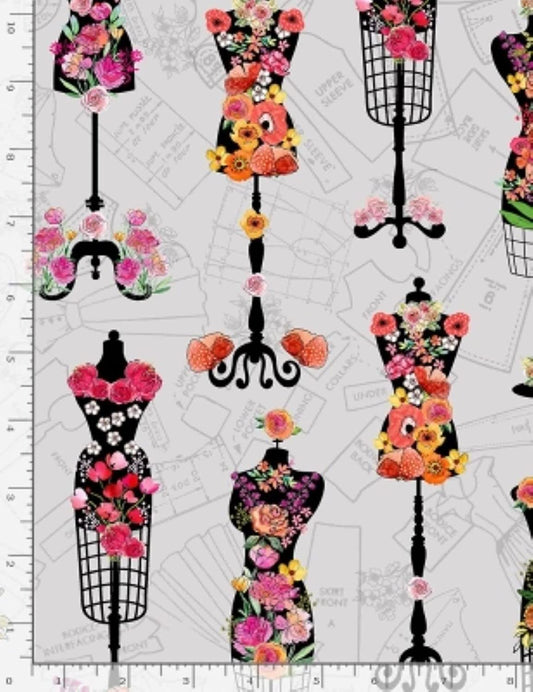 Sew Floral Dress Form Gray Gail Cadden Timeless Treasures Cotton Fabric