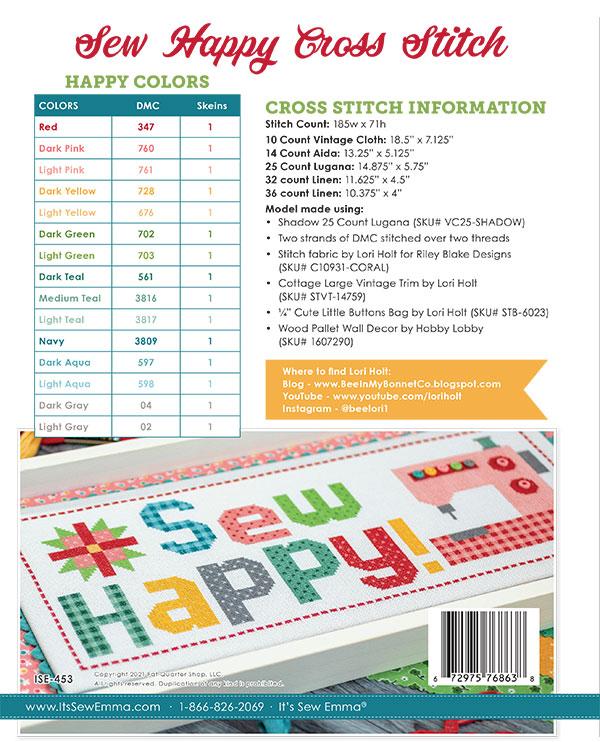 Sew Happy Cross Stitch Pattern Lori Holt of Bee in my Bonnet Its Sew Emma ISE-453