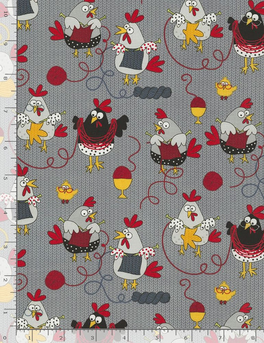 Sewing Room Knitting Chickens Grey Gail Cadden Timeless Treasures Cotton Fabric TT-GAIL-C5605-GREY