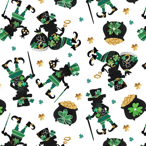 Shamrocked Leprechauns White Silas M. Studio Blank Quilting Cotton Fabric