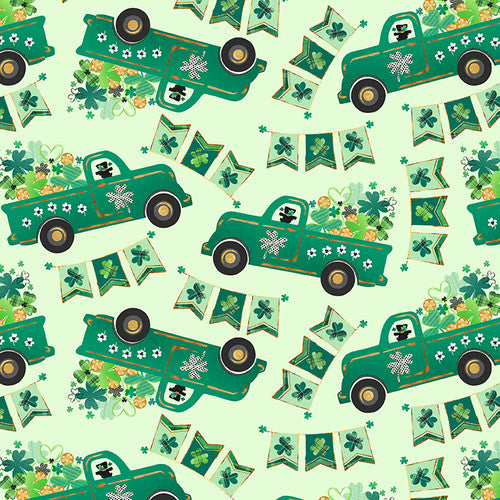 Shamrocked St. Pat's Day Trucks Light Green Silas M. Studio Blank Quilting Cotton Fabric