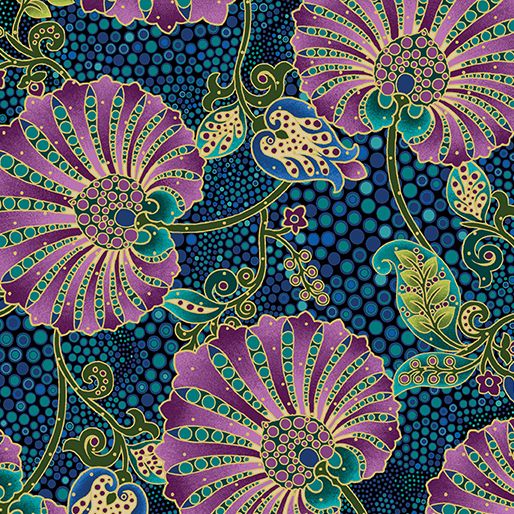 Shangri-La Fanflower Abstract Tile Teal Multi Gold Metallic Painted Sky Studio Benartex Cotton Fabric  BE-16111M-84