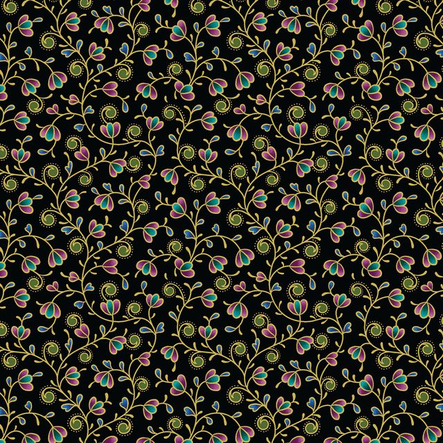 Shangri-La Vines and Flowers Black Multi Gold Metallic Painted Sky Studio Benartex Cotton Fabric