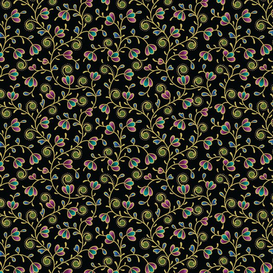 Shangri-La Vines and Flowers Black Multi Gold Metallic Painted Sky Studio Benartex Cotton Fabric