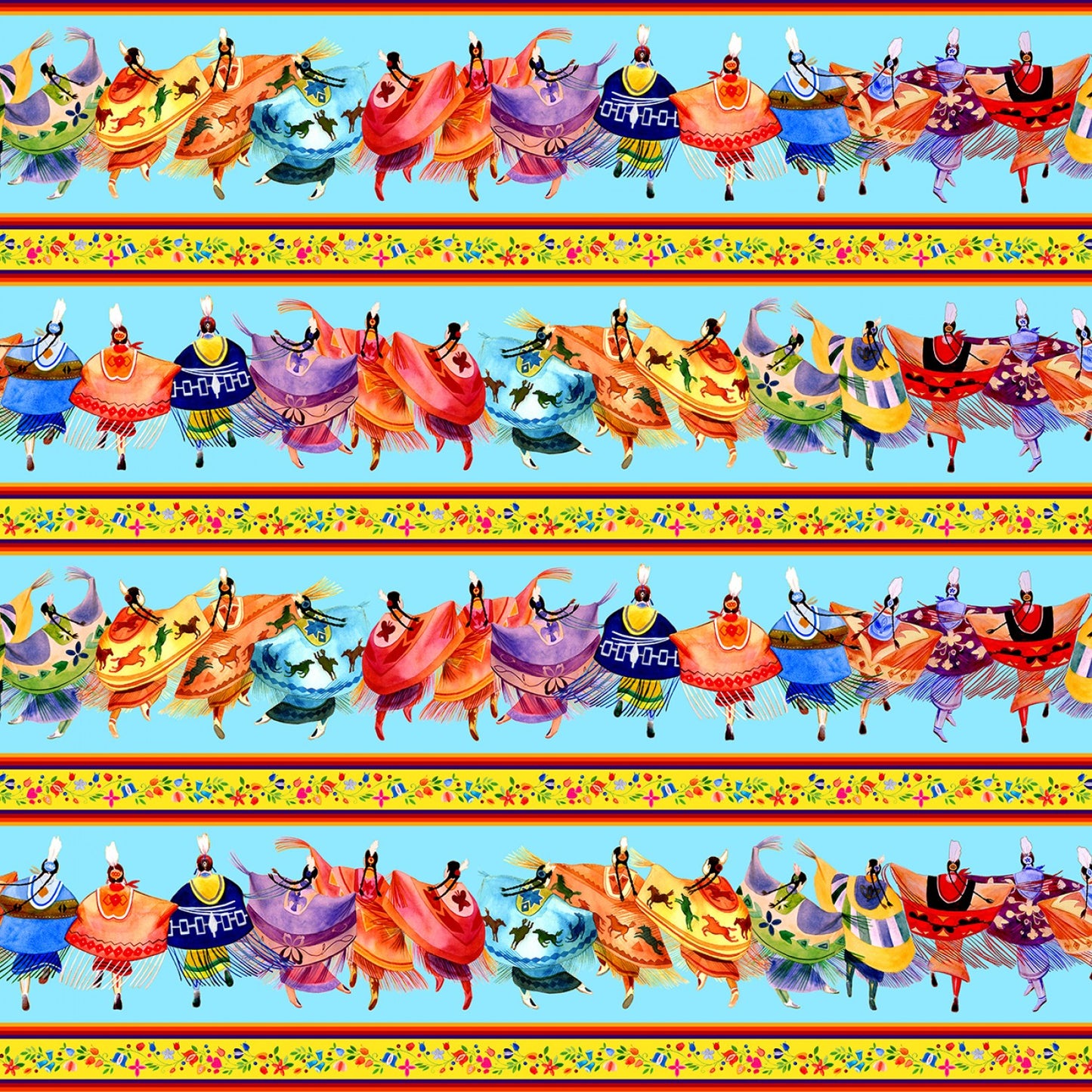 Shawl Dancers Border Stripe Blue Daniel Ramirez Elizabeth's Studio Cotton Fabric