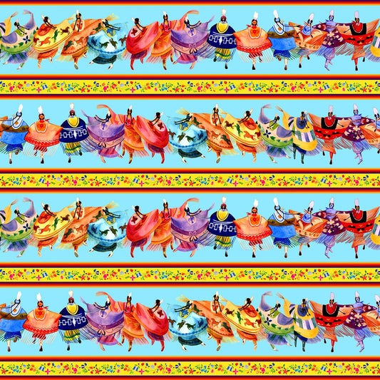 Shawl Dancers Border Stripe Blue Daniel Ramirez Elizabeth's Studio Cotton Fabric