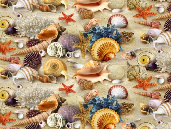 Shells Sand Children of the Sea Landscape Medley Elizabeth's Studio Cotton Fabric