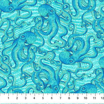 Shimmer Enigma Octopus Light Turquoise Blue Multi Deborah Edwards Northcott Fabrics Cotton Fabric NC-28182M-64