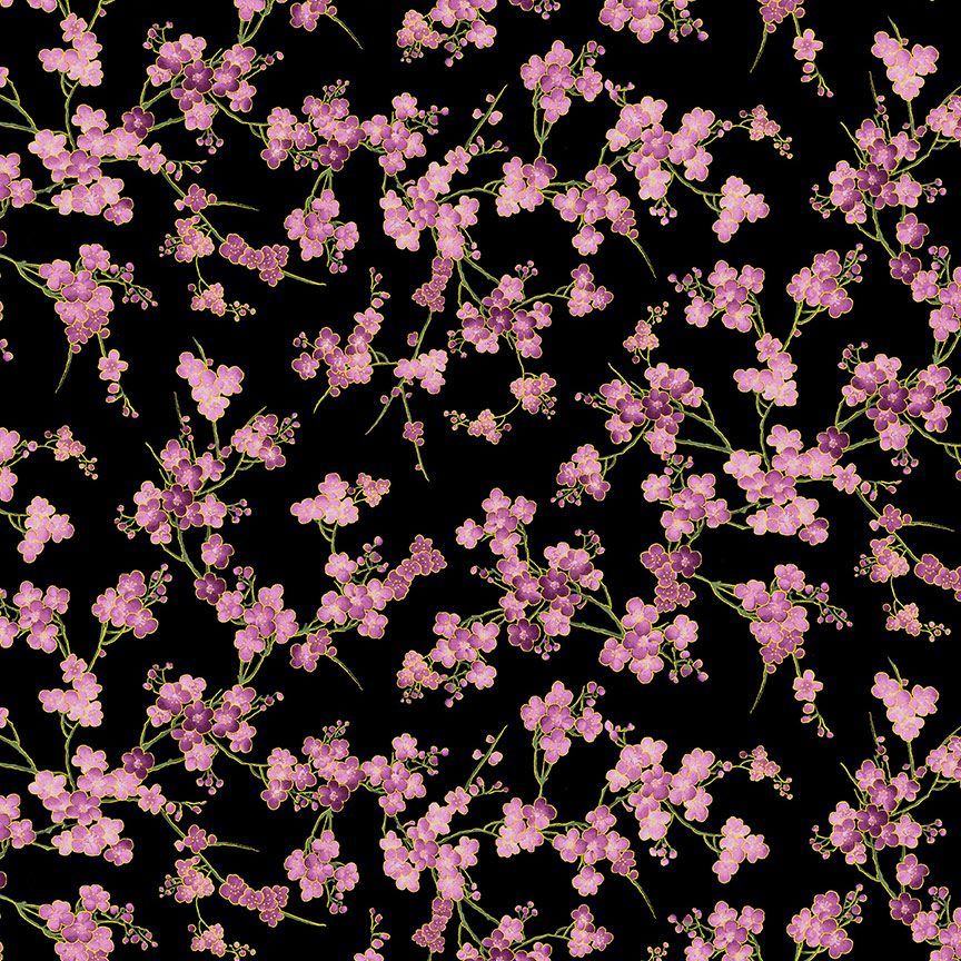 Shizuka Cherry Blossom Branches Black Metallic Chong-A-Hwang Timeless Treasures Cotton Fabric TT-FLEUR-CM3165-BLACK | US Fabric Shop