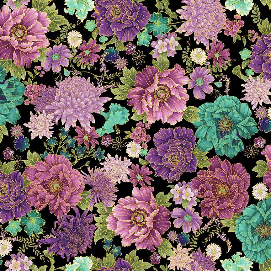 Shizuka Packed Asian Floral Black Metallic Chong-A-Hwang Timeless Treasures Cotton Fabric TT-FLEUR-CM3163-BLACK