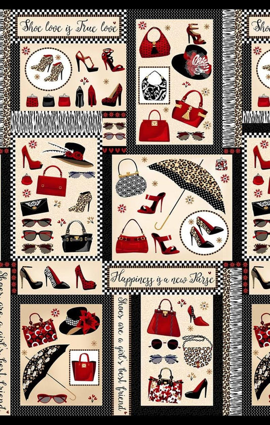 Shoe Love is True Love Panel 24" Beige Kate Mawdsley Henry Glass Cotton Fabric