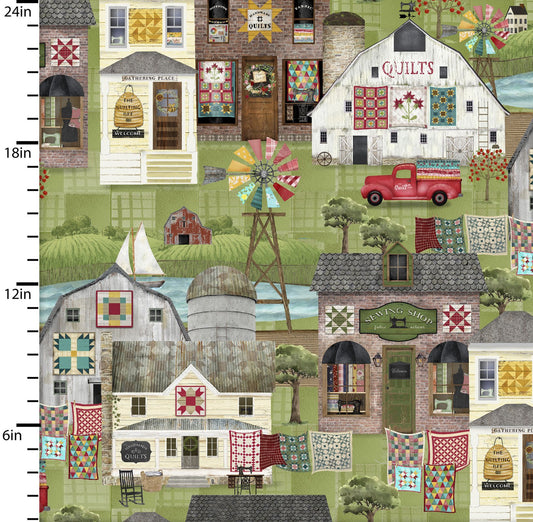 Shop Hop Around the Town Green Beth Albert 3 Wishes Fabric Cotton Fabric