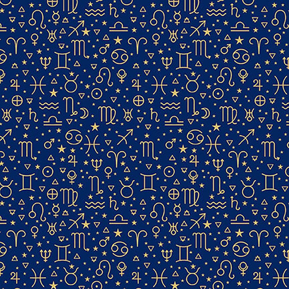 Signs from Above Allover Zodiac Symbols Navy Blue Metallic Salt Meadow Studios Henry Glass Cotton Fabric