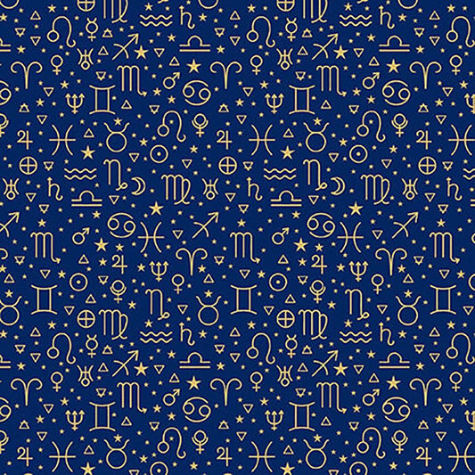 Signs from Above Allover Zodiac Symbols Navy Blue Metallic Salt Meadow Studios Henry Glass Cotton Fabric