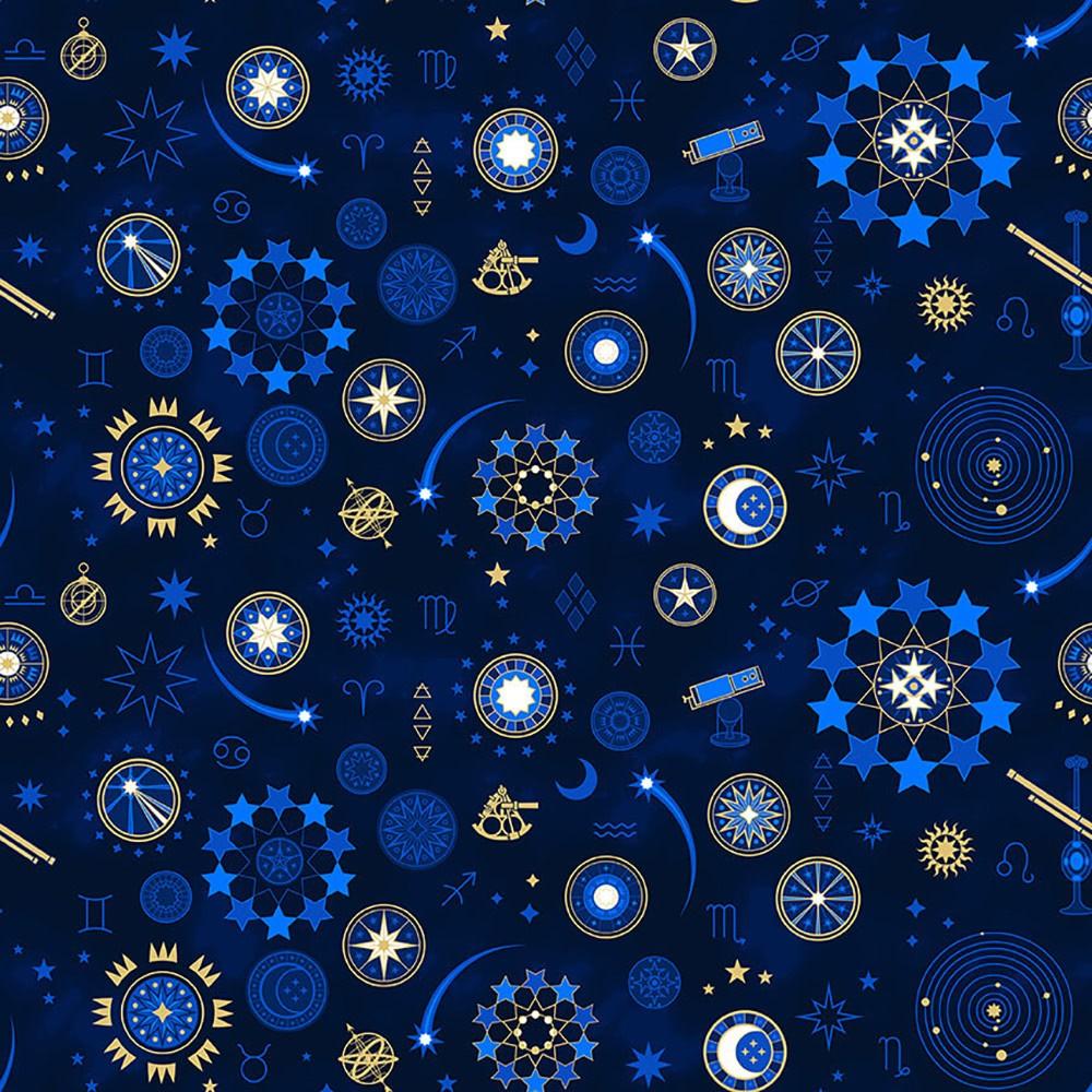 Signs from Above Celestial Motifs Allover Navy Blue Metallic Salt Meadow Studios Henry Glass Cotton Fabric