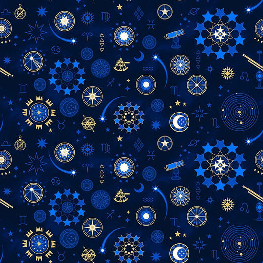 Signs from Above Celestial Motifs Allover Navy Blue Metallic Salt Meadow Studios Henry Glass Cotton Fabric