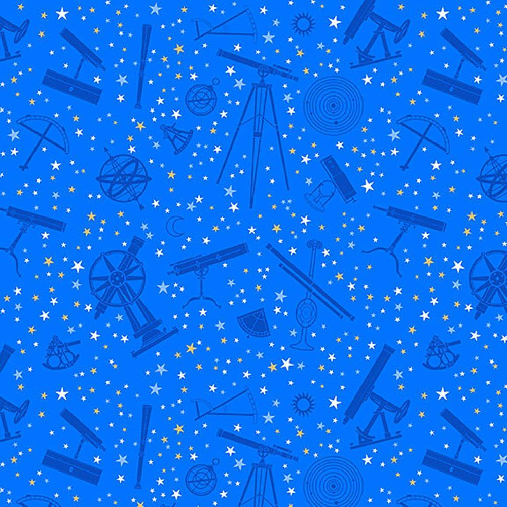 Signs from Above Tossed Astronomy Devices Blue Metallic Salt Meadow Studios Henry Glass Cotton Fabric