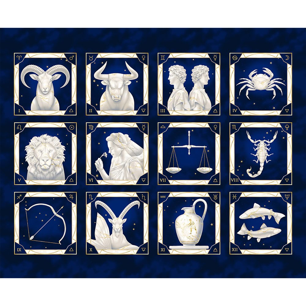 Signs from Above Zodiac Signs 9 by 9 blocks Panel 24" Navy Blue Metallic Salt Meadow Henry Glass Cotton Fabric