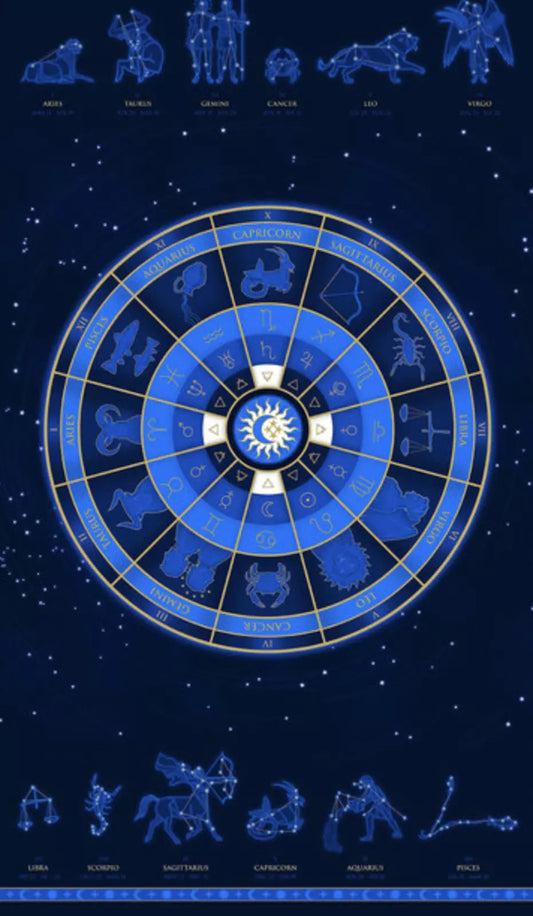 Signs from Above Zodiac Wheel Panel 24" Navy Blue Metallic Salt Meadow Henry Glass Cotton Fabric