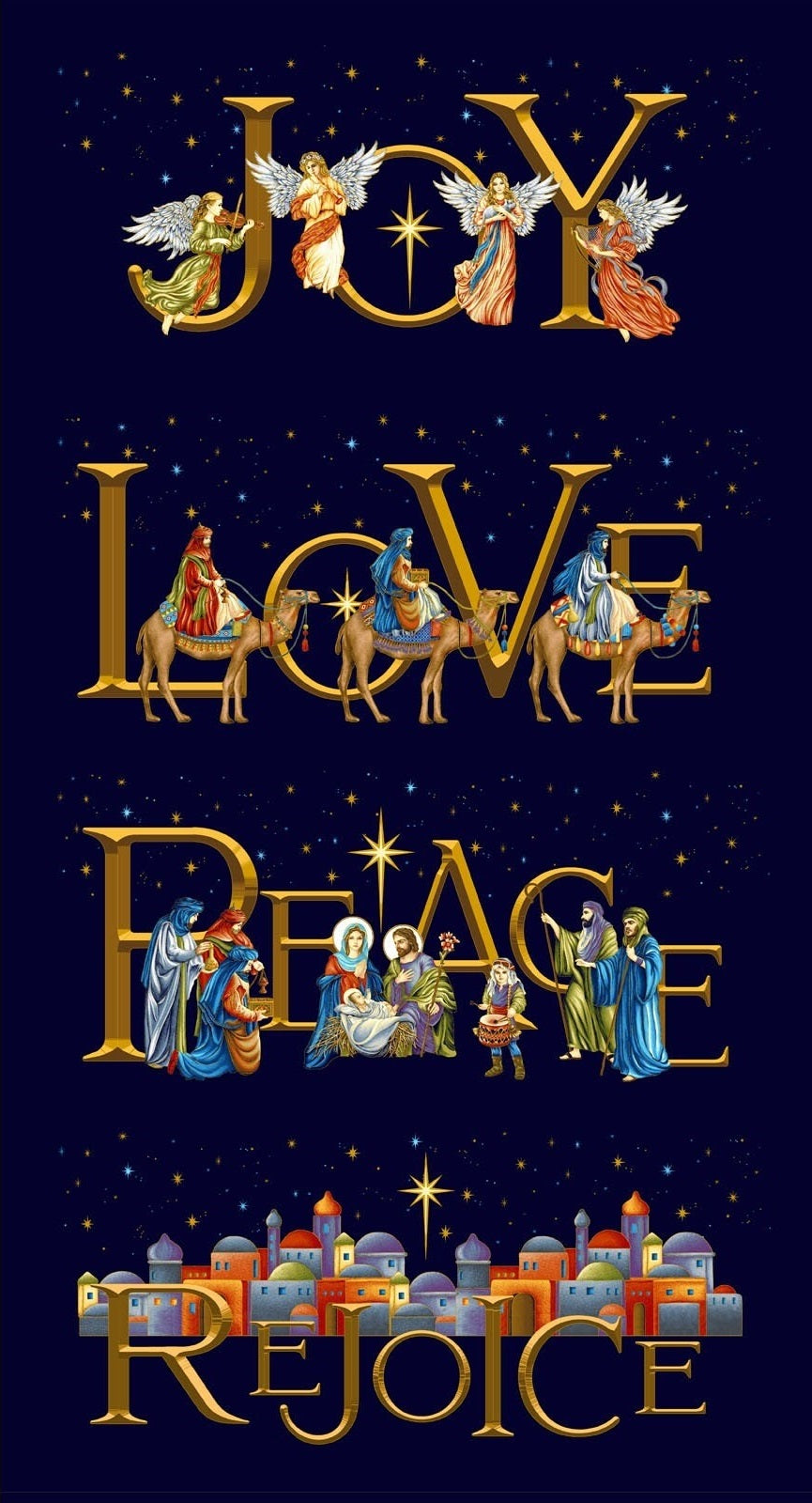 Silent Night Joy Peace Panel 24" Midnight Blue Metallic Color Principle Henry Glass Cotton Fabric