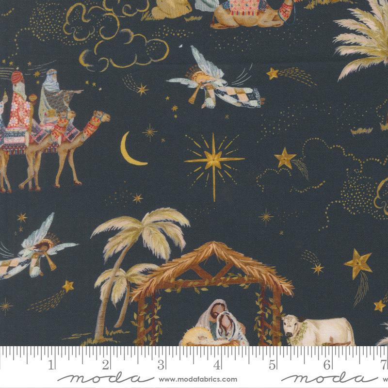 Silent Night Landscape Scenery 3 Kings Holy Night Blue Watercolour Heart Moda Cotton Fabric MD-40050-12