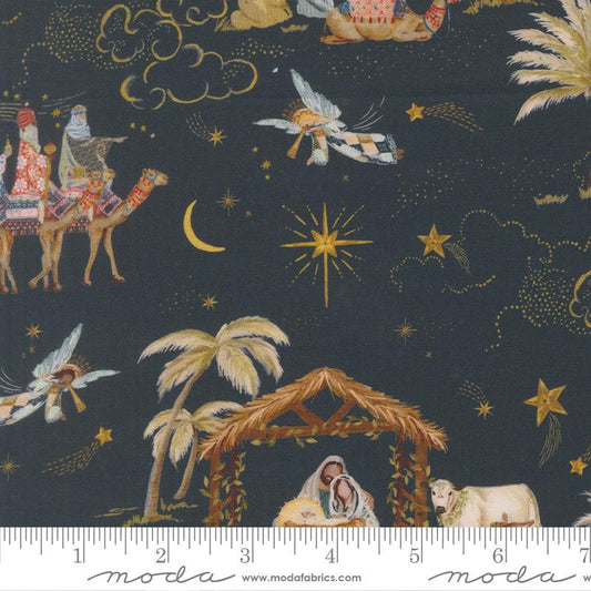 Silent Night Landscape Scenery 3 Kings Holy Night Blue Watercolour Heart Moda Cotton Fabric MD-40050-12