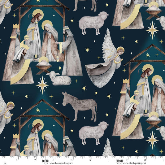 Silent Night Nativity Scene Navy Blue Studio 731 Blank Quilting Cotton Fabric BQ-4707-77