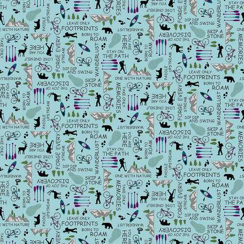 Silent Sports Hiking Sentiments Light Blue Judy Gauthier Studio E Cotton Fabric