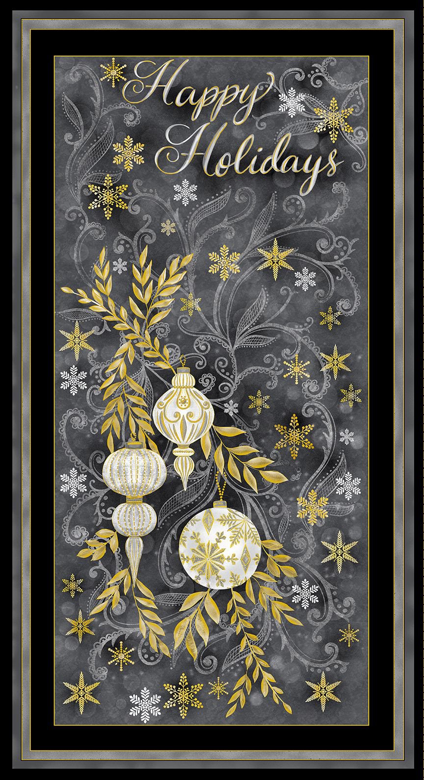 Silver & Gold Happy Holidays Panel 24" Grey Timeless Treasures Cotton Fabric