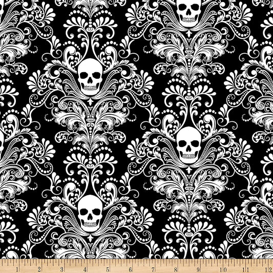 Skull Damask Glow the Dark Negative Wicked on Black Timeless Treasures Cotton Fabric