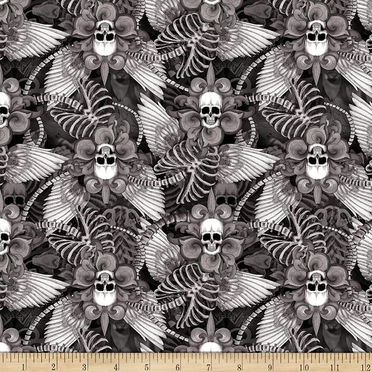 Skull Fleur De Lis Wings Black Last Dance Timeless Treasures Cotton Fabric