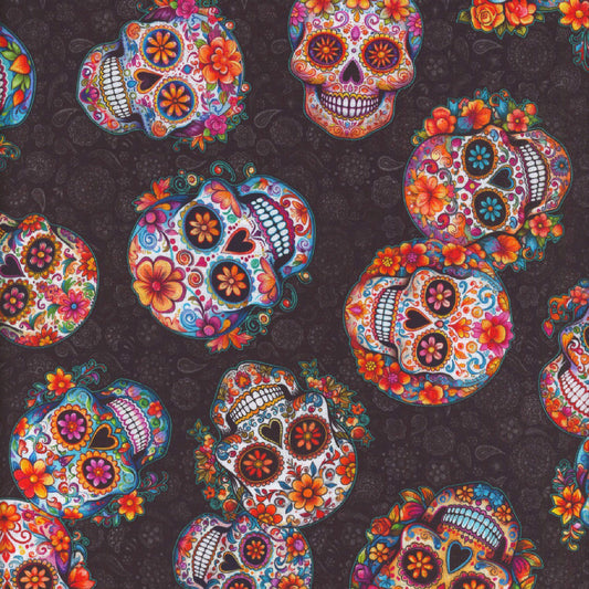Skullduggery Sugar Skulls Black Morris Creative Group Quilting Treasures Cotton Fabric QT-2600-31141-J