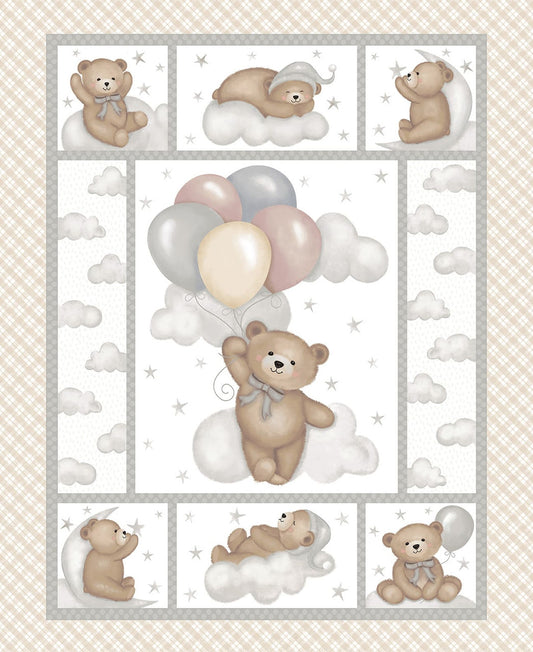 Sleepy Teddy Panel 35" Oatmeal Gray Sharla Fults Studio E Cotton Fabric SE-8526P-34