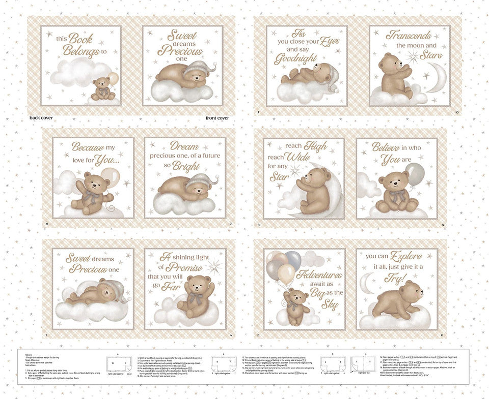 Sleepy Teddy Book Project Panel 35" White Multi Sharla Fults Studio E Cotton Fabric SE-8527P-34