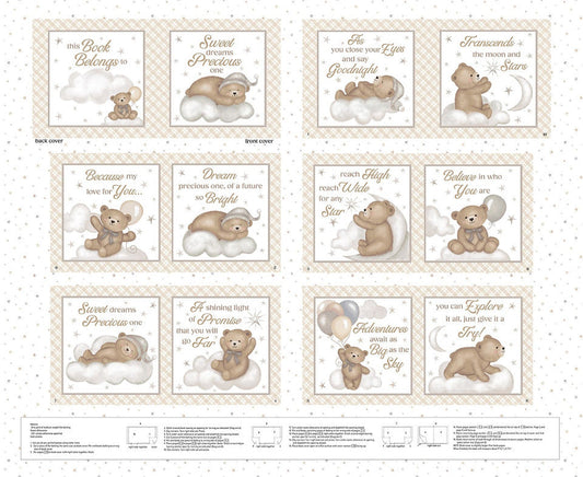 Sleepy Teddy Book Project Panel 35" White Multi Sharla Fults Studio E Cotton Fabric SE-8527P-34