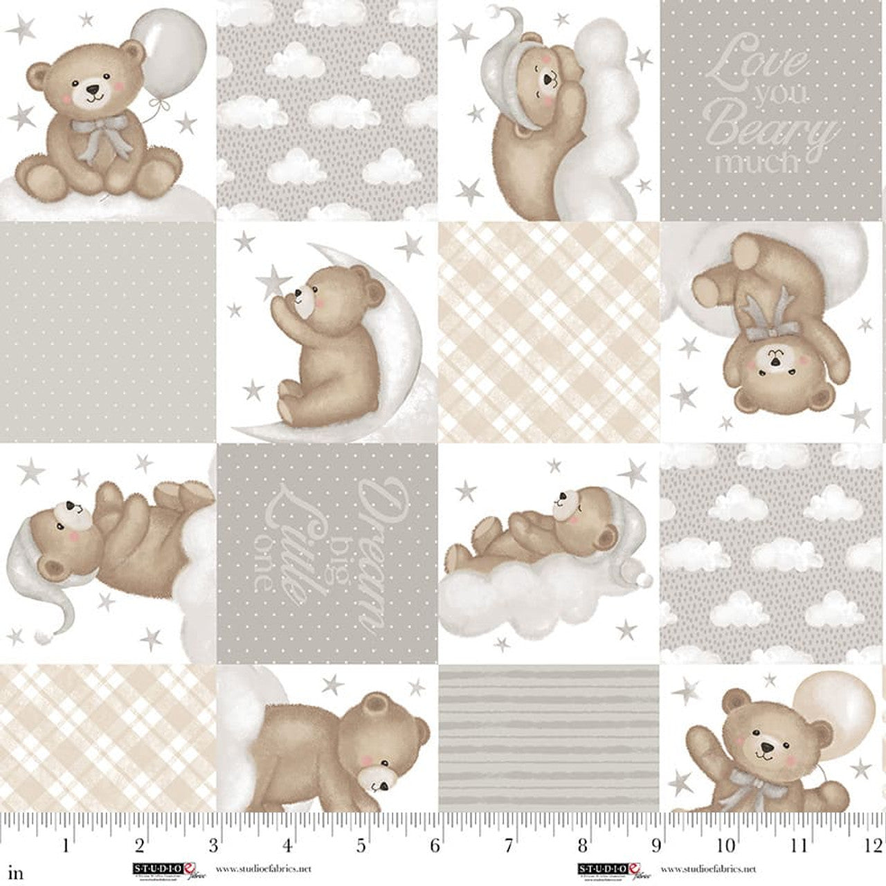 Sleepy Teddy Teddy Bear Patchwork Gray Multi Sharla Fults Studio E Cotton Fabric SE-8518-94