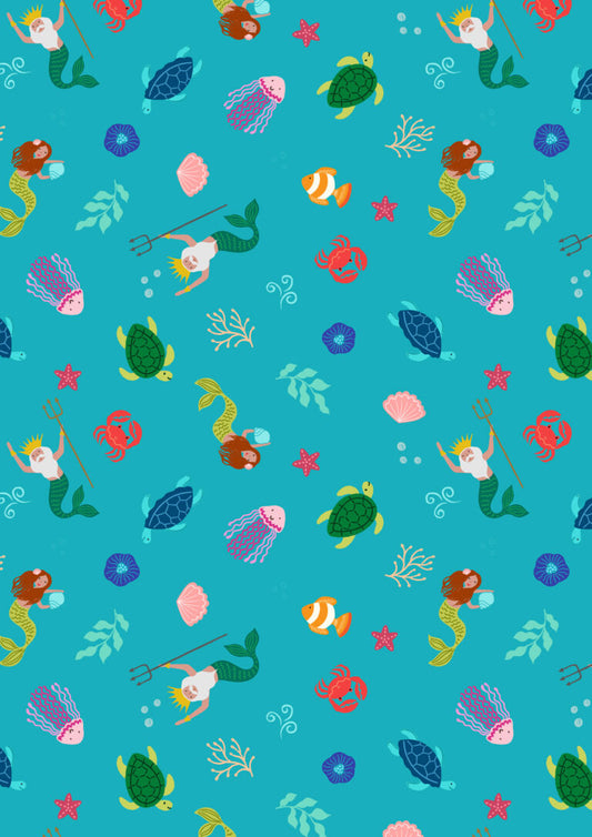 Small Things...Fairytales Mermaid Blue Lewis & Irene Cotton Fabric LI-SM116