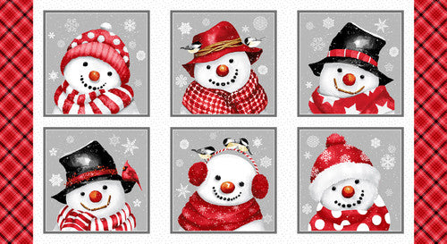 Snow Crew Snowmen Block Repeat Panel 24" Red Grainy Barb Tourtillotte Henry Glass Cotton Fabric