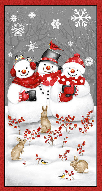 Snow Crew Snowmen Panel 24" Red Grainy Barb Tourtillotte Henry Glass Cotton Fabric