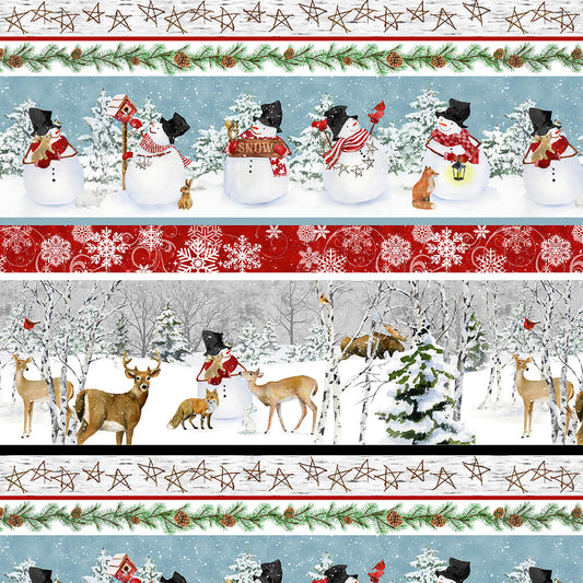 Snow Days Snowmen and Animals Border Stripe Blue Red Barb Tourtillotte Henry Glass Cotton Fabric