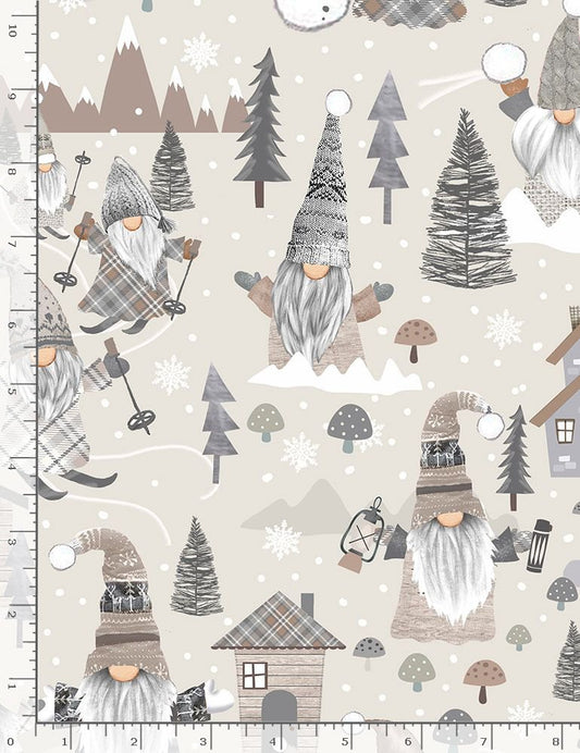 Snow Gnomes Tossed Wooden Gnomes Scenic Holiday Grainy Timeless Treasures Cotton Fabric