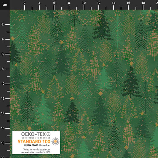 Snow Crystals Metallic Gold Trees Snow Crystals Green Stof Cotton Fabric STOF-4593-811
