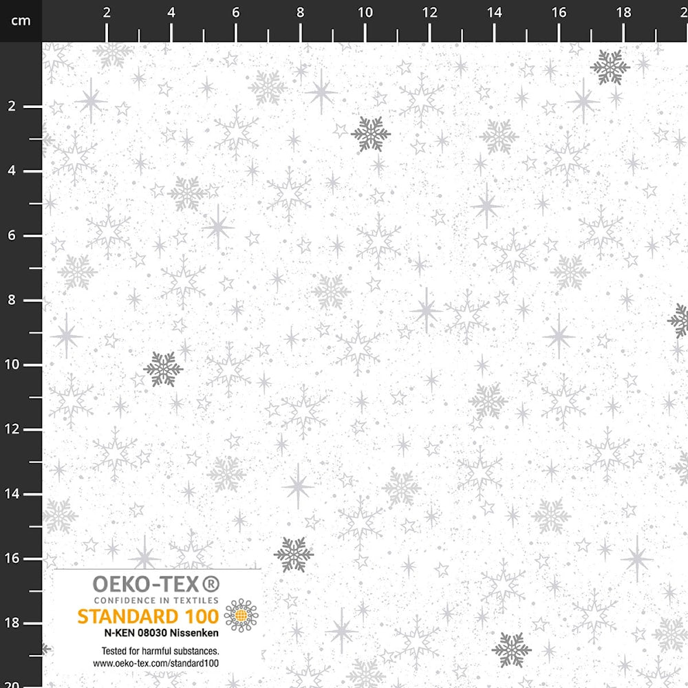 Snow Crystals Metallic Silver Snow Snowflakes White Stof Cotton Fabric STOF-4593-104