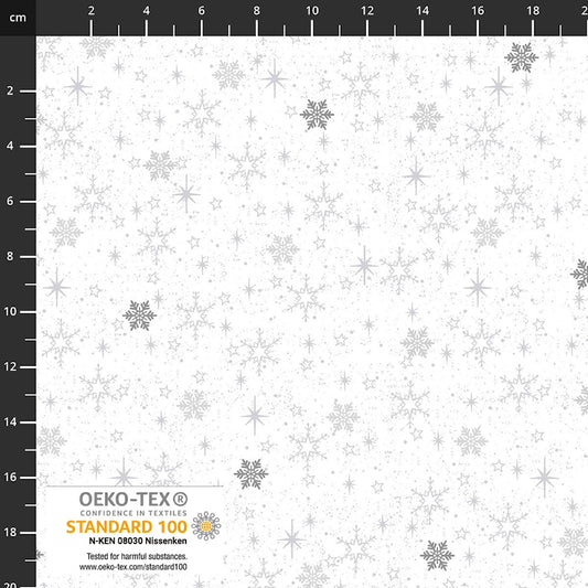 Snow Crystals Metallic Silver Snow Snowflakes White Stof Cotton Fabric STOF-4593-104