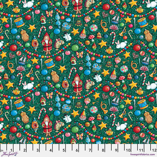 Snow Day Time to Decorate Ornaments Lights Evergreen Mary Engelbreit Free Spirit Cotton Fabric FS-PWMY035.EVERGREEN