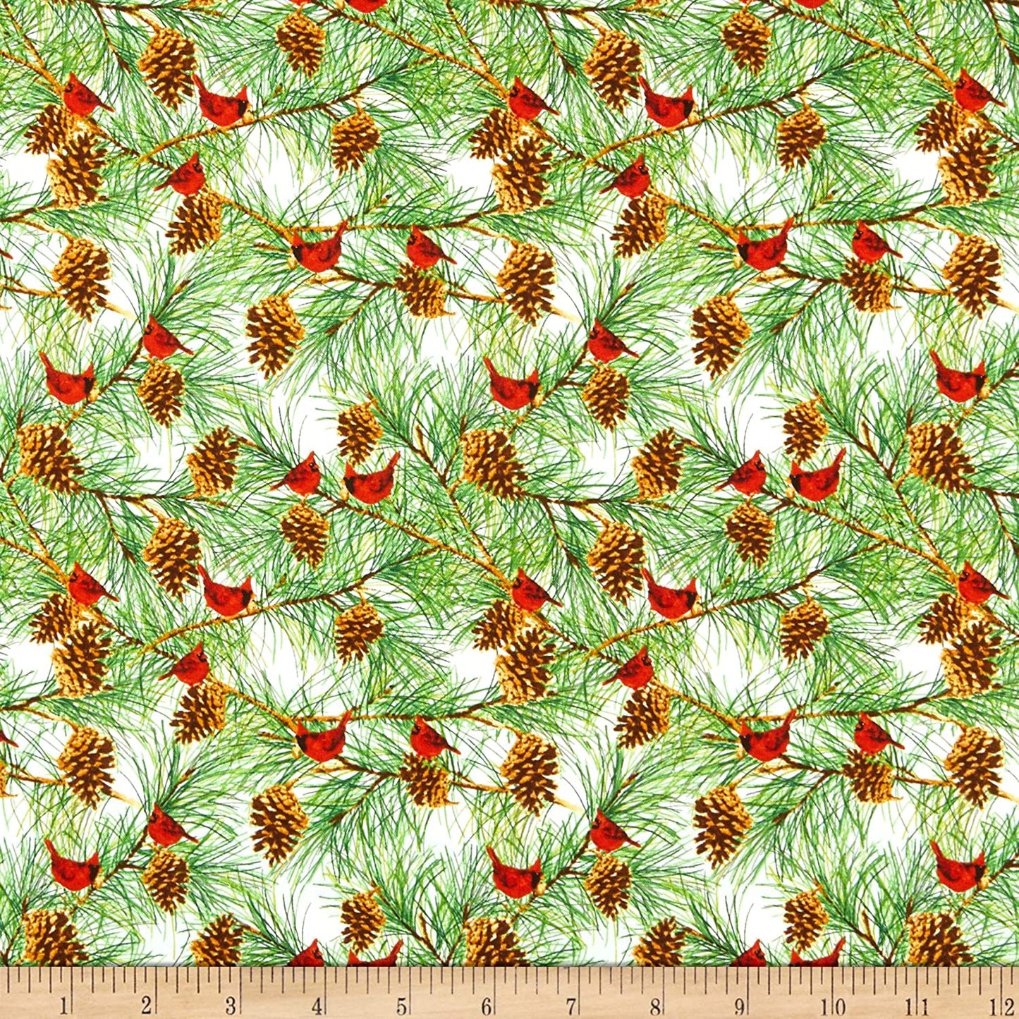 Snow Days Tossed Pinecones and Cardinals allover Barb Tourtillotte Henry Glass Cotton Fabric