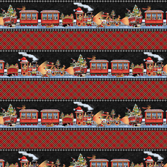Snow Dog Express Border Stripe Black Geoff Allen Studio E Fabrics Cotton Fabric